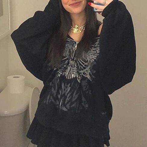 Y2K Aesthetic Zipper Hoodie Sweatshirt Long Sleeve Harajuku Punk Grunge Outfit Retro Vintage Oversized Outwear in Saudi Arabia