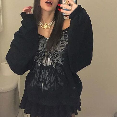 Y2K Aesthetic Zipper Hoodie Sweatshirt Long Sleeve Harajuku Punk Grunge Outfit Retro Vintage Oversized Outwear in Saudi Arabia