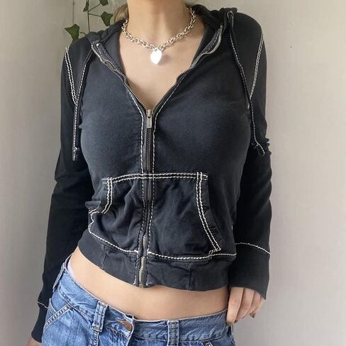 Y2K Aesthetic Zipper Hoodie Sweatshirt Long Sleeve Harajuku Punk Grunge Outfit Retro Vintage Oversized Outwear in Saudi Arabia