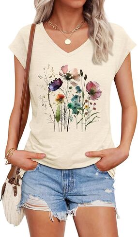 Womens Cap Sleeve Vintage Flowers V Neck Shirt Boho Floral Wildflowers Graphic Tees Funny Cottagecore Tops in Saudi Arabia