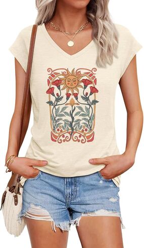 Womens Cap Sleeve Vintage Flowers V Neck Shirt Boho Floral Wildflowers Graphic Tees Funny Cottagecore Tops in Saudi Arabia