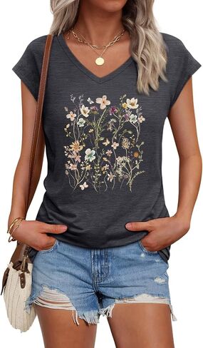 Womens Cap Sleeve Vintage Flowers V Neck Shirt Boho Floral Wildflowers Graphic Tees Funny Cottagecore Tops in Saudi Arabia