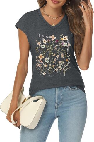 Womens Cap Sleeve Vintage Flowers V Neck Shirt Boho Floral Wildflowers Graphic Tees Funny Cottagecore Tops in Saudi Arabia
