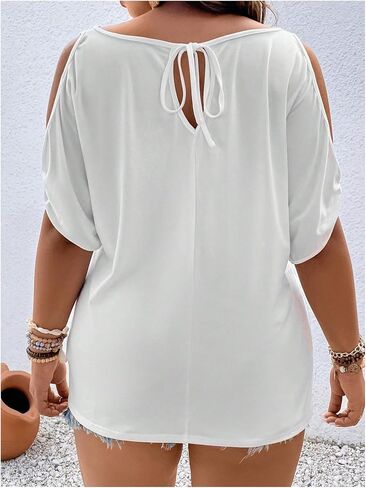 Women's Plus Size Cold Shoulder Cut Out Tee Half Sleeve Scoop Neck Loose T-Shirt in Saudi Arabia