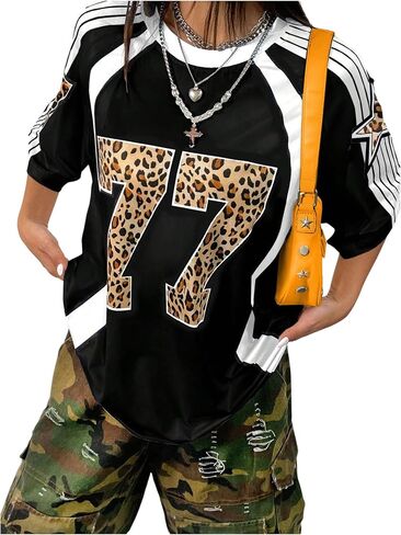 WDIRARA Women's Leopard Number Print Jerseys Oversized Colorblock Drop Shoulder Crew Neck Short Sleeve T-Shirt in Saudi Arabia