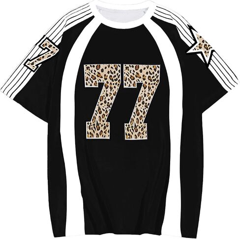 WDIRARA Women's Leopard Number Print Jerseys Oversized Colorblock Drop Shoulder Crew Neck Short Sleeve T-Shirt in Saudi Arabia