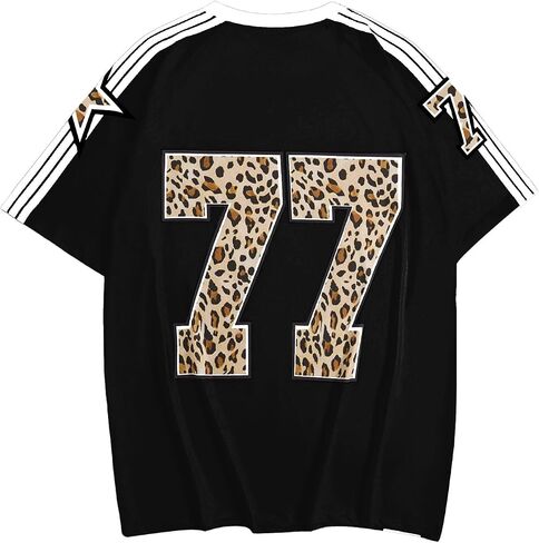 WDIRARA Women's Leopard Number Print Jerseys Oversized Colorblock Drop Shoulder Crew Neck Short Sleeve T-Shirt in Saudi Arabia
