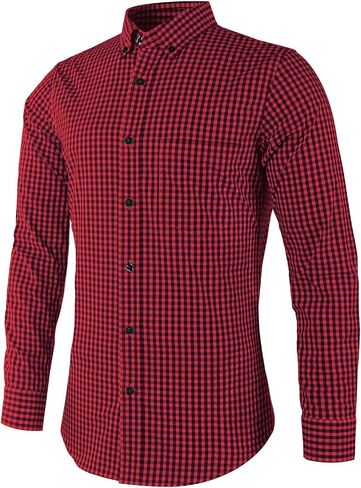 Men's Plaid Casual Slim Fit Long Sleeve Button Down Dress Shirts in Kuwait