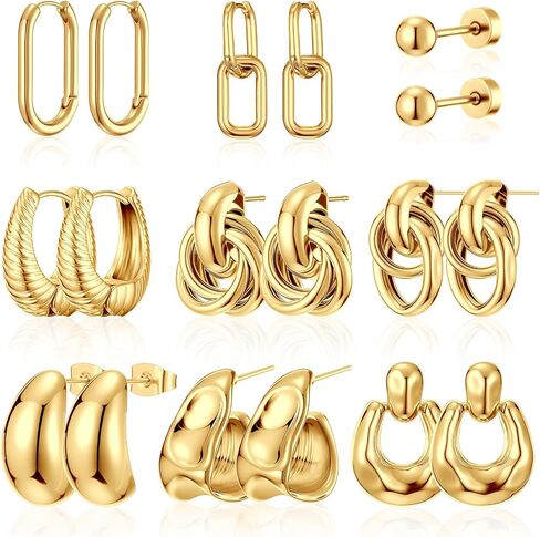 Nosiny 9 Pairs Gold Chunky Hoop Earrings Set for Women Gold Plated Thick Open Twisted Huggie Hoop Earring Jewelry for Gifts in Saudi Arabia