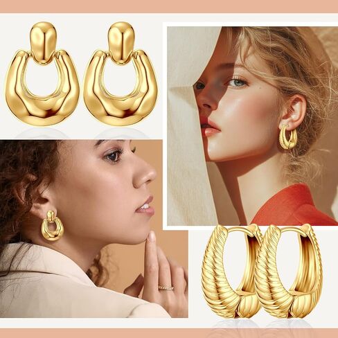 Nosiny 9 Pairs Gold Chunky Hoop Earrings Set for Women Gold Plated Thick Open Twisted Huggie Hoop Earring Jewelry for Gifts in Saudi Arabia