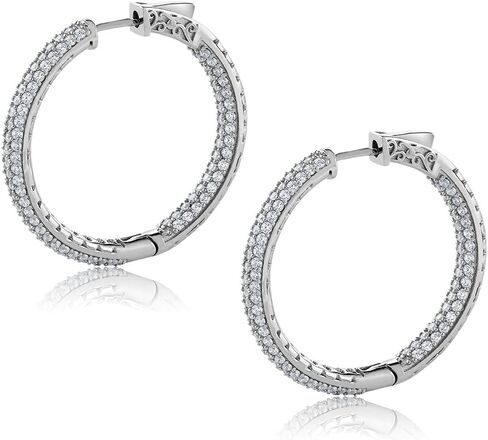 GEM Stone King 925 Sterling Silver 3 Row Pave Inside-Oter Zirconia Cz Hoop أقراط للنساء (2.00 CTTW ، 1.5 بوصة = 35 × 35 ملم) in Saudi Arabia
