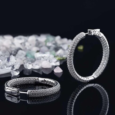 GEM Stone King 925 Sterling Silver 3 Row Pave Inside-Oter Zirconia Cz Hoop أقراط للنساء (2.00 CTTW ، 1.5 بوصة = 35 × 35 ملم) in Saudi Arabia