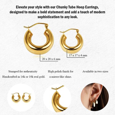 Bold 10K or 14K Yellow Gold High Polish Tube Hoop Earrings for Women Girls, 4-6mm Thick 17-20mm Diameters in Saudi Arabia