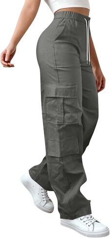 Women High Waisted Wide Leg Cargo Pants with Pockets Baggy Stretchy Casual Hiking Pants Y2K Streetwear Travel Outfits in Saudi Arabia