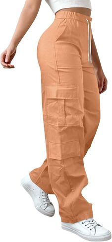 Women High Waisted Wide Leg Cargo Pants with Pockets Baggy Stretchy Casual Hiking Pants Y2K Streetwear Travel Outfits in Saudi Arabia