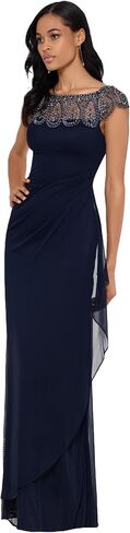 Xscape Women's Short Sleeve Beaded Illusion Neckline Ruched Gown in Saudi Arabia