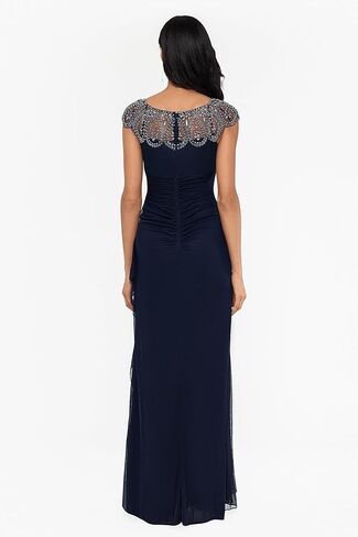 Xscape Women's Short Sleeve Beaded Illusion Neckline Ruched Gown in Saudi Arabia