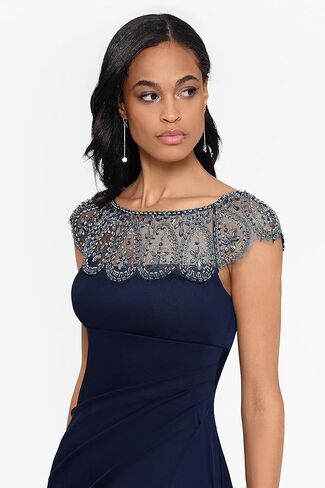 Xscape Women's Short Sleeve Beaded Illusion Neckline Ruched Gown in Saudi Arabia
