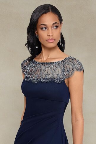 Xscape Women's Short Sleeve Beaded Illusion Neckline Ruched Gown in Saudi Arabia