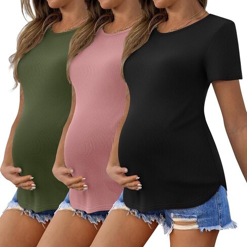 ekouaer الموضة نساء بعد الولادة قمصان مضلعة حاكمة بلوزة الأمومة جولة الرقبة الأم tshirts teshirts خفيفة الوزن الحمل المحملات 3 حزمة in Saudi Arabia