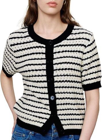 Womens Short Sleeve Summer Cardigan Button Down Sweater Casual Crew Neck Striped Top Trendy in Kuwait