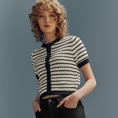 Womens Short Sleeve Summer Cardigan Button Down Sweater Casual Crew Neck Striped Top Trendy in Kuwait