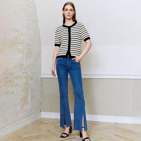 Womens Short Sleeve Summer Cardigan Button Down Sweater Casual Crew Neck Striped Top Trendy in Kuwait