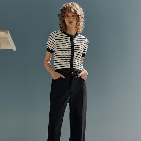 Womens Short Sleeve Summer Cardigan Button Down Sweater Casual Crew Neck Striped Top Trendy in Kuwait