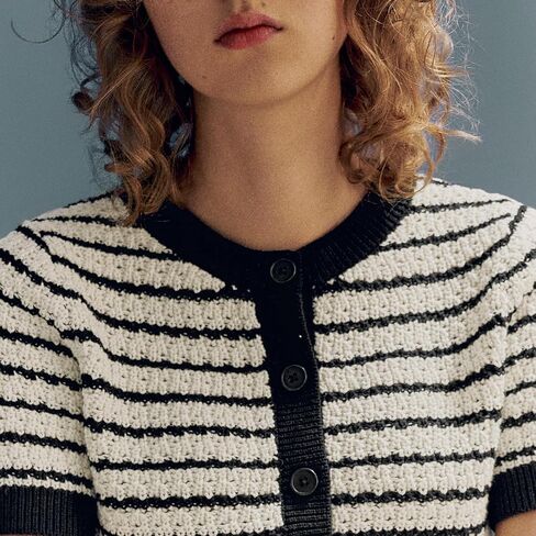 Womens Short Sleeve Summer Cardigan Button Down Sweater Casual Crew Neck Striped Top Trendy in Kuwait