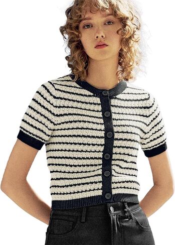 Womens Short Sleeve Summer Cardigan Button Down Sweater Casual Crew Neck Striped Top Trendy in Kuwait
