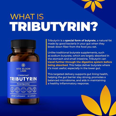 ملحق CoreBiome Tributyrin - تسليم أفضل وأكثر فعالية من زبدات الصوديوم - صحة الأمعاء ودعم الجهاز الهضمي - 3 -في 1 ما بعد البيتيريات لدعم حاجز الأمعاء المتسربين - 30 كبسولة in Saudi Arabia