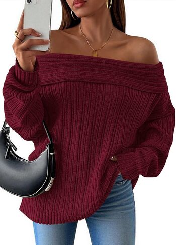 CFLONGE Women's Off The Shoulder Sweater Long Sleeve Oversized Ribbed Knit Fall Pullover Tops Winter Sexy Going Out Outfits in Saudi Arabia