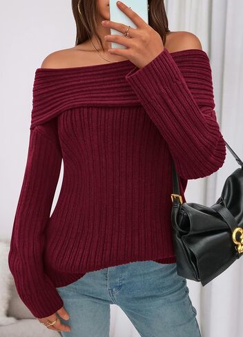 CFLONGE Women's Off The Shoulder Sweater Long Sleeve Oversized Ribbed Knit Fall Pullover Tops Winter Sexy Going Out Outfits in Saudi Arabia