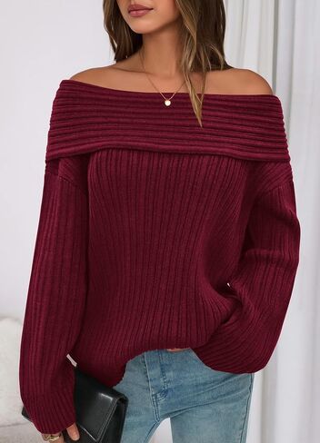 CFLONGE Women's Off The Shoulder Sweater Long Sleeve Oversized Ribbed Knit Fall Pullover Tops Winter Sexy Going Out Outfits in Saudi Arabia