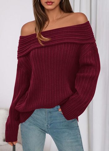 CFLONGE Women's Off The Shoulder Sweater Long Sleeve Oversized Ribbed Knit Fall Pullover Tops Winter Sexy Going Out Outfits in Saudi Arabia