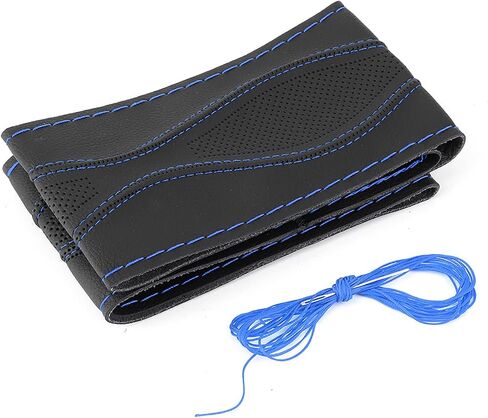 Leather Steering Wheel Covers, 38cm/15in Leather Steering Wheel Wrap Cover Hand Stitching Embossing with Needle and Thread Universal (Black and Blue) in Saudi Arabia