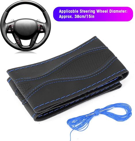 Leather Steering Wheel Covers, 38cm/15in Leather Steering Wheel Wrap Cover Hand Stitching Embossing with Needle and Thread Universal (Black and Blue) in Saudi Arabia