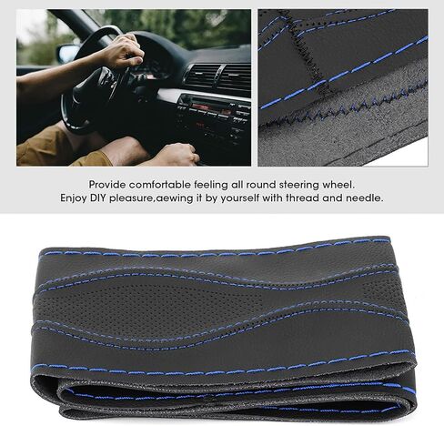 Leather Steering Wheel Covers, 38cm/15in Leather Steering Wheel Wrap Cover Hand Stitching Embossing with Needle and Thread Universal (Black and Blue) in Saudi Arabia