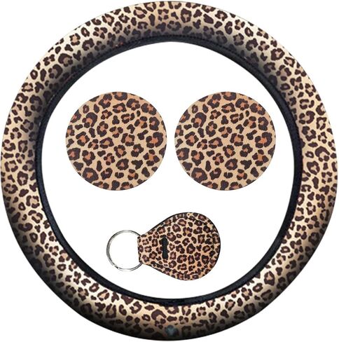 4PCS Leopard Car Accessories Set, Fashion Anti-Slip 14-15 Inch Steering Wheel Cover with Cup Holder Coaster & Quarter Keyring, Vehicle Interior Decorative Protector for Women (Leopard Print) in Saudi Arabia
