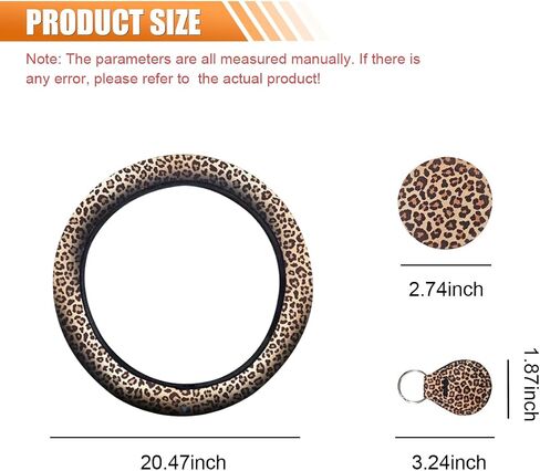 4PCS Leopard Car Accessories Set, Fashion Anti-Slip 14-15 Inch Steering Wheel Cover with Cup Holder Coaster & Quarter Keyring, Vehicle Interior Decorative Protector for Women (Leopard Print) in Saudi Arabia