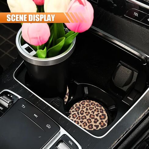 4PCS Leopard Car Accessories Set, Fashion Anti-Slip 14-15 Inch Steering Wheel Cover with Cup Holder Coaster & Quarter Keyring, Vehicle Interior Decorative Protector for Women (Leopard Print) in Saudi Arabia
