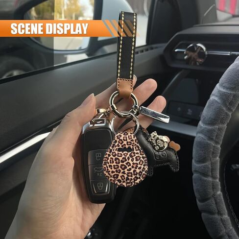 4PCS Leopard Car Accessories Set, Fashion Anti-Slip 14-15 Inch Steering Wheel Cover with Cup Holder Coaster & Quarter Keyring, Vehicle Interior Decorative Protector for Women (Leopard Print) in Saudi Arabia