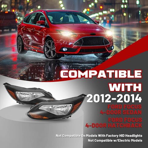 HECASA Left Headlight Assembly Compatible with 2012-2014 Ford Focus 4-Door Replacement for FO2502298 K301153LAS1 Driver Side Halogen Headlamp w/bulbs Clear Lens+Chrome Housing in Saudi Arabia