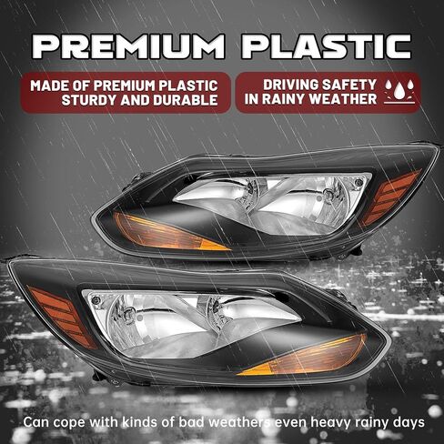 HECASA Left Headlight Assembly Compatible with 2012-2014 Ford Focus 4-Door Replacement for FO2502298 K301153LAS1 Driver Side Halogen Headlamp w/bulbs Clear Lens+Chrome Housing in Saudi Arabia