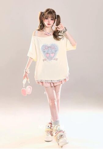 كاواي القوس القلب طباعة القمصان نساء harajuku agger punk stops لطيف الرسم القصيرة الأكمام المحملات in Kuwait