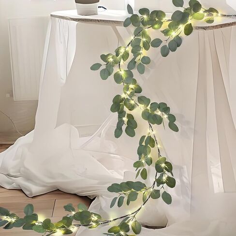 6.56FT Eucalyptus Garland with Lights 96 LEDs 8 Modes Battery Operated with Timer Faux Twig Vine Lights Spring Greenery Garlands for Mantle Fireplace Wall Table Stairs Wedding Party Bedroom Home Decor in Saudi Arabia