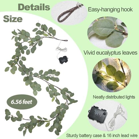 6.56FT Eucalyptus Garland with Lights 96 LEDs 8 Modes Battery Operated with Timer Faux Twig Vine Lights Spring Greenery Garlands for Mantle Fireplace Wall Table Stairs Wedding Party Bedroom Home Decor in Saudi Arabia