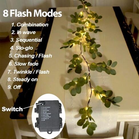 6.56FT Eucalyptus Garland with Lights 96 LEDs 8 Modes Battery Operated with Timer Faux Twig Vine Lights Spring Greenery Garlands for Mantle Fireplace Wall Table Stairs Wedding Party Bedroom Home Decor in Saudi Arabia