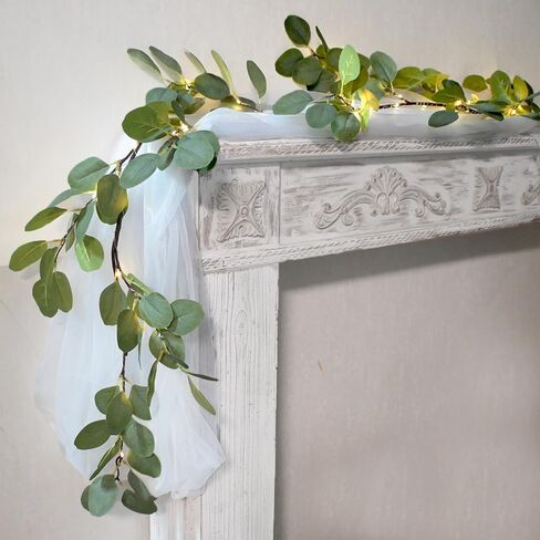 6.56FT Eucalyptus Garland with Lights 96 LEDs 8 Modes Battery Operated with Timer Faux Twig Vine Lights Spring Greenery Garlands for Mantle Fireplace Wall Table Stairs Wedding Party Bedroom Home Decor in Saudi Arabia