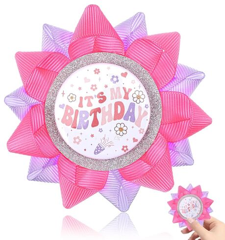 Happy Birthday Button - Birthday Girl Button Handmade Grosgrain Ribbon Party Favors for Girls & Women, Hot Pink & Purple Date of Birth Decorations with Charm in Kuwait
